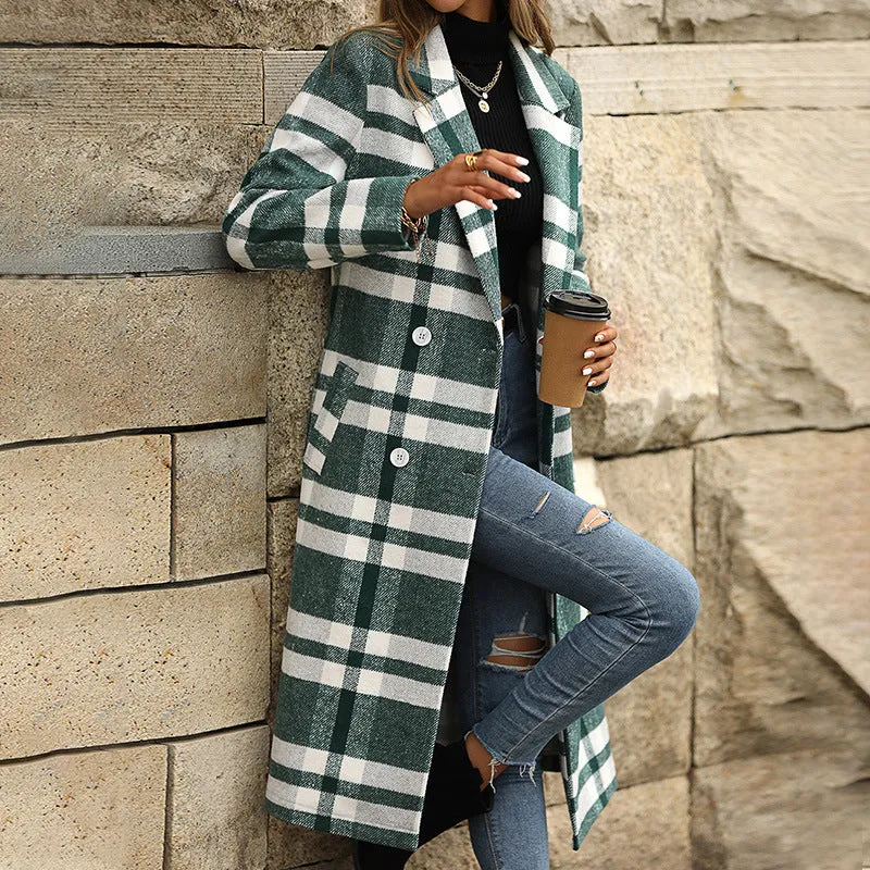 Women Oversized Double Breasted Plaid Tweed Overcoats
