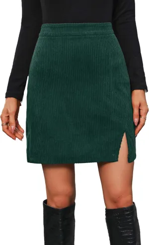 Women's Corduroy Split Hem Mini Skirt High Waist Bodycon Pencil Skirt