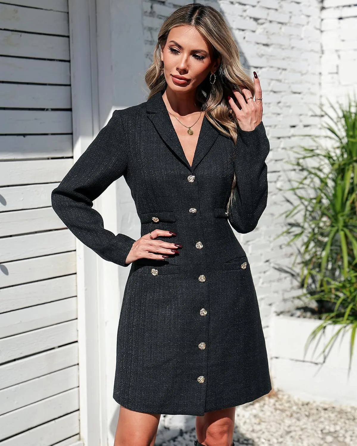 Women's Tweed Jackie Dress Long Sleeve V-Neck A-line Elegant Mini Dress Business Blazer Work Jacket