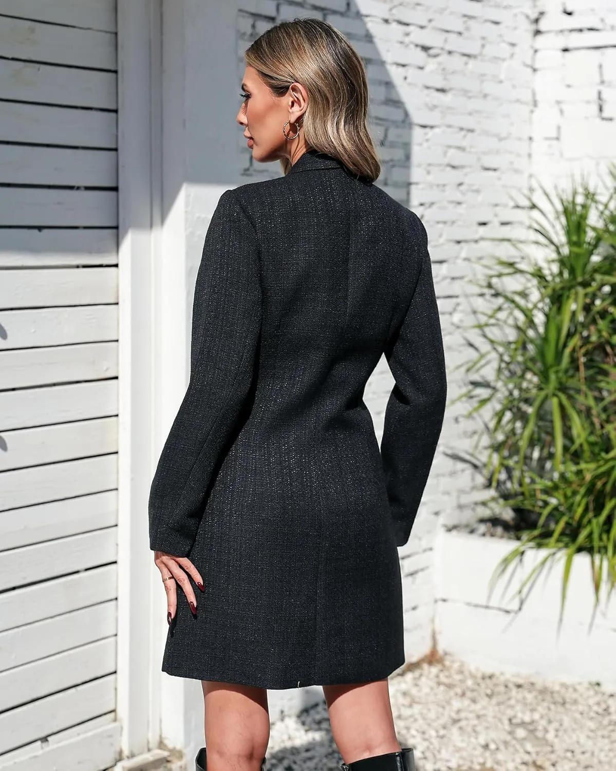 Women's Tweed Jackie Dress Long Sleeve V-Neck A-line Elegant Mini Dress Business Blazer Work Jacket