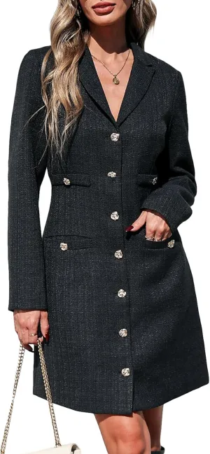 Women's Tweed Jackie Dress Long Sleeve V-Neck A-line Elegant Mini Dress Business Blazer Work Jacket