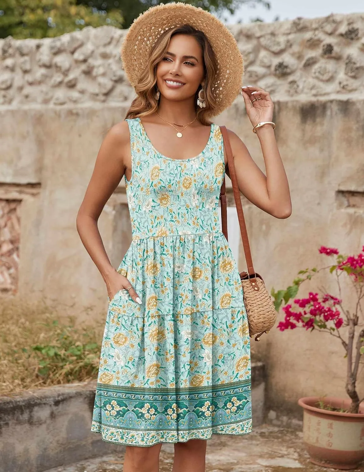 Zeagoo Womens Summer Sundress Boho Floral Casual Tank Dresses with Pockets Sleeveless Tiered Swing A Line Beach Dress