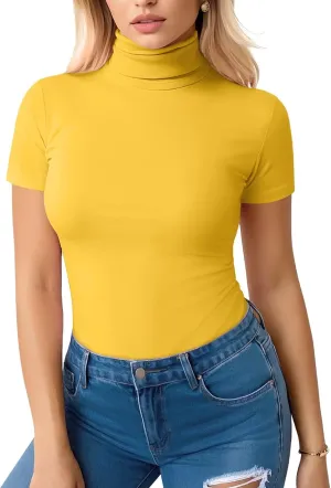 Zengjo Long Sleeve Turtleneck Women Stretch/Short Sleeve Tops Fitted Tee Shirt