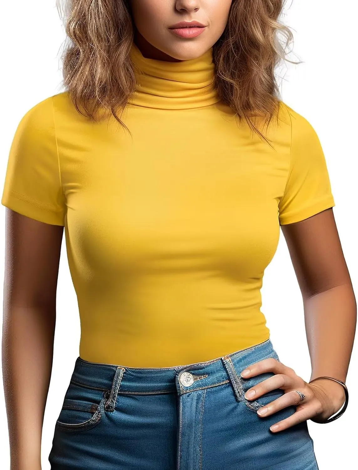 Zengjo Long Sleeve Turtleneck Women Stretch/Short Sleeve Tops Fitted Tee Shirt