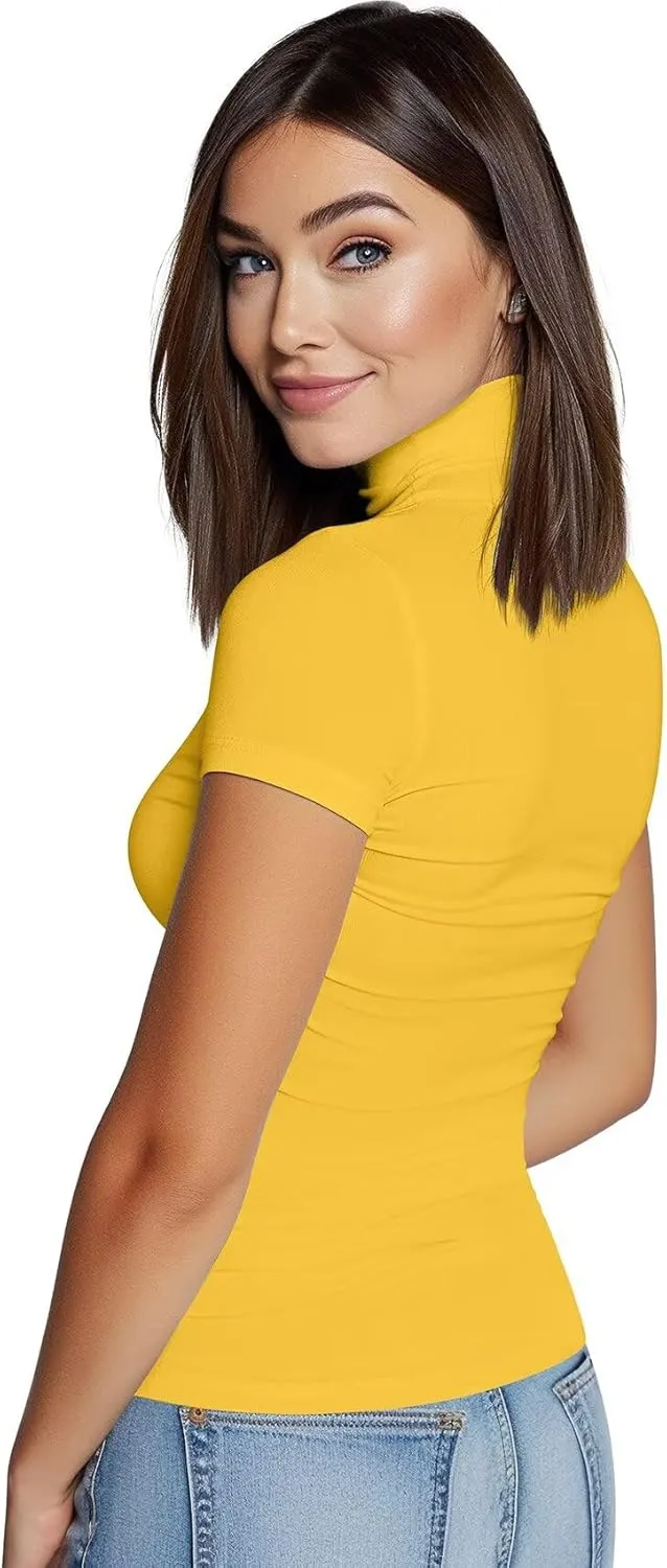 Zengjo Long Sleeve Turtleneck Women Stretch/Short Sleeve Tops Fitted Tee Shirt